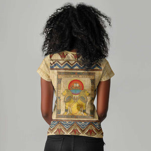 Aker Ancient Egyptian Women V-Neck T-Shirt with Hieroglyphic Pattern, Pyramid Symbol, and Twin Lion Guardians Motif - African Pride