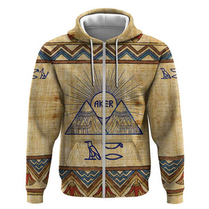 Aker Ancient Egyptian Zip Hoodie with Hieroglyphic Pattern, Pyramid Symbol, and Twin Lion Guardians Motif - African Pride