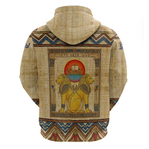 Aker Ancient Egyptian Zip Hoodie with Hieroglyphic Pattern, Pyramid Symbol, and Twin Lion Guardians Motif - African Pride