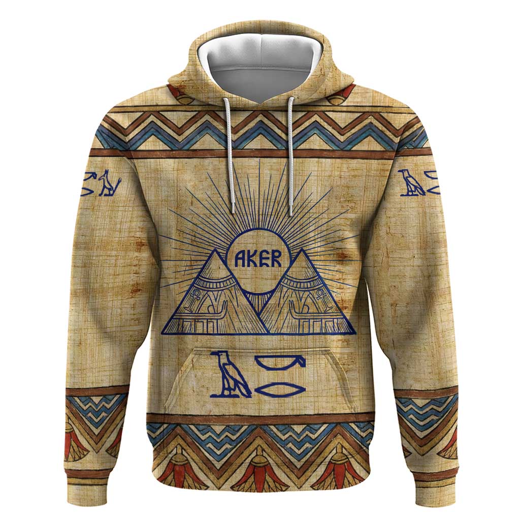 Aker Ancient Egyptian Zip Hoodie with Hieroglyphic Pattern, Pyramid Symbol, and Twin Lion Guardians Motif - African Pride