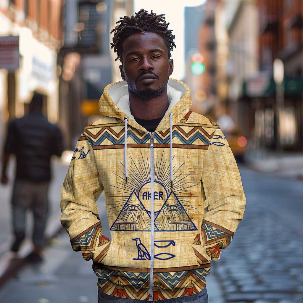 Aker Ancient Egyptian Zip Hoodie with Hieroglyphic Pattern, Pyramid Symbol, and Twin Lion Guardians Motif - African Pride