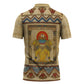 Aker Ancient Egyptian Zipper Polo Shirt with Hieroglyphic Pattern, Pyramid Symbol, and Twin Lion Guardians Motif - African Pride