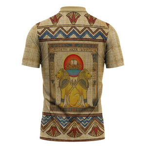 Aker Ancient Egyptian Zipper Polo Shirt with Hieroglyphic Pattern, Pyramid Symbol, and Twin Lion Guardians Motif - African Pride