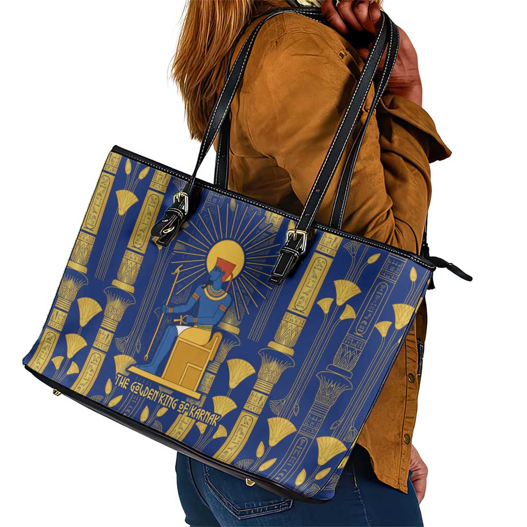 Amun Leather Tote Bag Ancient Egyptian Hieroglyphic, Pharaoh and Scarab - African Pride