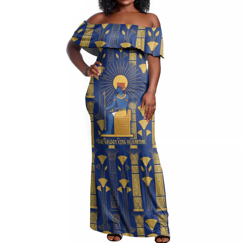 Amun Off Shoulder Maxi Dress Ancient Egyptian Hieroglyphic, Pharaoh and Scarab - African Pride