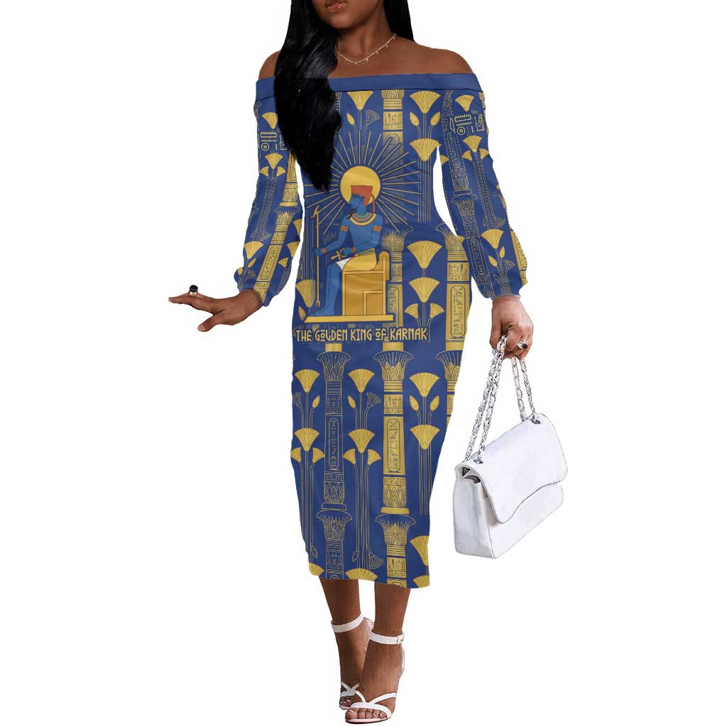 Amun Off The Shoulder Long Sleeve Dress Ancient Egyptian Hieroglyphic, Pharaoh and Scarab - African Pride
