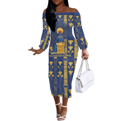 Amun Off The Shoulder Long Sleeve Dress Ancient Egyptian Hieroglyphic, Pharaoh and Scarab - African Pride
