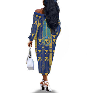 Amun Off The Shoulder Long Sleeve Dress Ancient Egyptian Hieroglyphic, Pharaoh and Scarab - African Pride