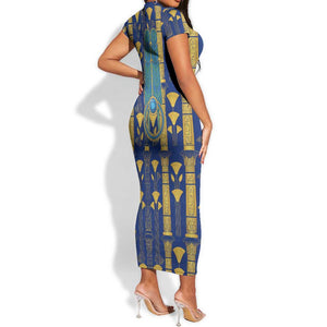 Amun Short Sleeve Bodycon Dress Ancient Egyptian Hieroglyphic, Pharaoh and Scarab - African Pride