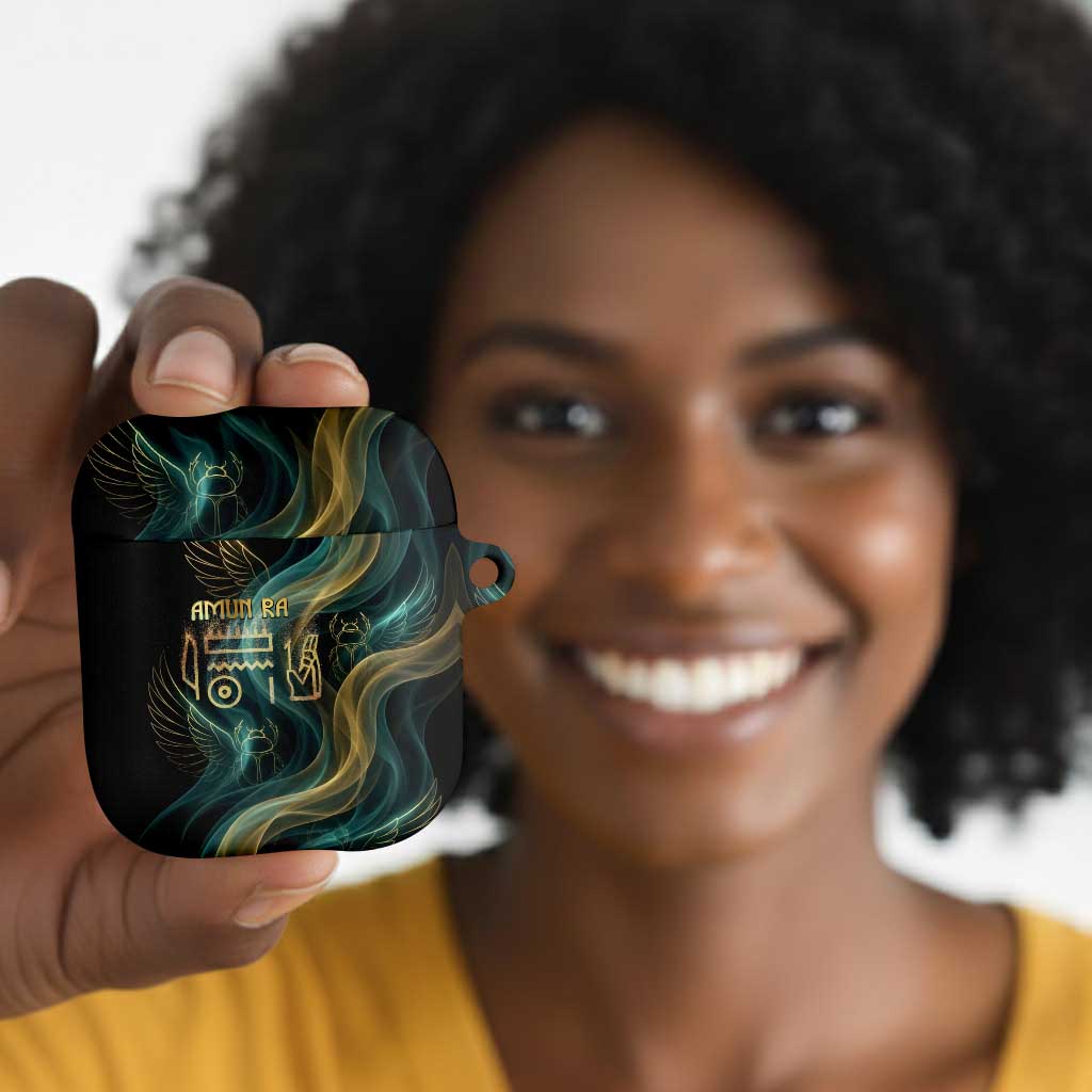 Amun Ancient Egyptian AirPods Case with Mystical Smoke Swirl Pattern, Fiery Ram Head, and Hieroglyphic - African Pride