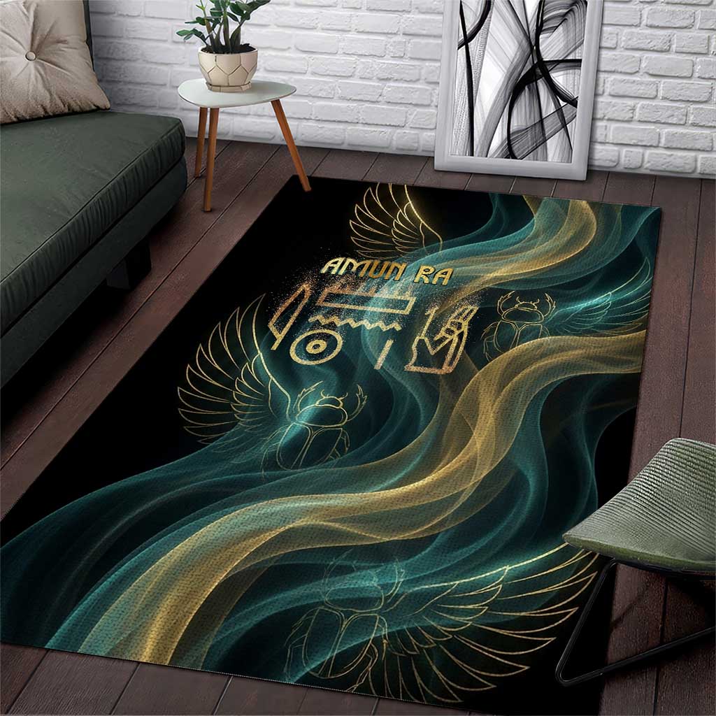 Amun Ancient Egyptian Area Rug with Mystical Smoke Swirl Pattern, Fiery Ram Head, and Hieroglyphic - African Pride