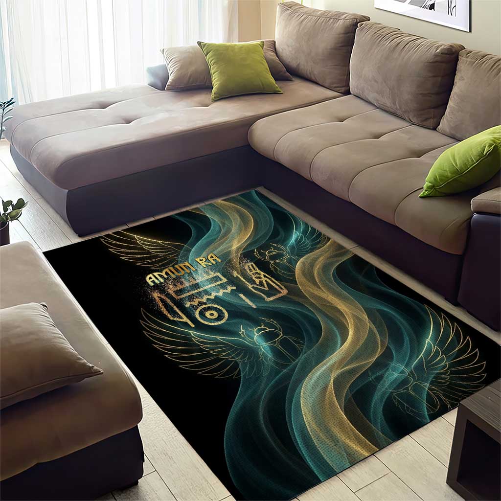Amun Ancient Egyptian Area Rug with Mystical Smoke Swirl Pattern, Fiery Ram Head, and Hieroglyphic - African Pride