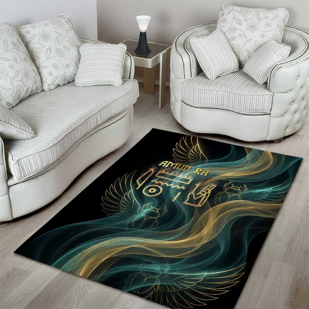 Amun Ancient Egyptian Area Rug with Mystical Smoke Swirl Pattern, Fiery Ram Head, and Hieroglyphic - African Pride