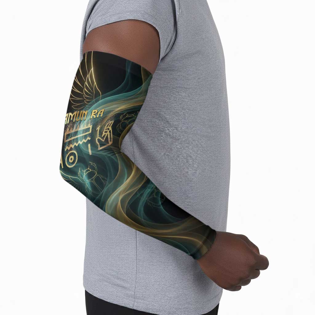 Amun Ancient Egyptian Arm Sleeves with Mystical Smoke Swirl Pattern, Fiery Ram Head, and Hieroglyphic - African Pride