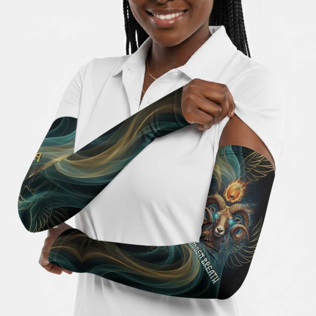 Amun Ancient Egyptian Arm Sleeves with Mystical Smoke Swirl Pattern, Fiery Ram Head, and Hieroglyphic - African Pride