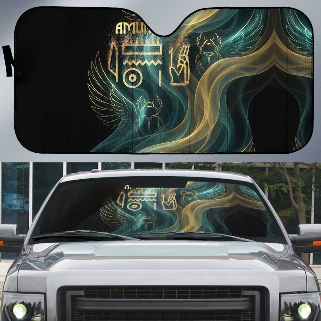 Amun Ancient Egyptian Auto Sun Shade with Mystical Smoke Swirl Pattern, Fiery Ram Head, and Hieroglyphic - African Pride