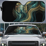 Amun Ancient Egyptian Auto Sun Shade with Mystical Smoke Swirl Pattern, Fiery Ram Head, and Hieroglyphic - African Pride
