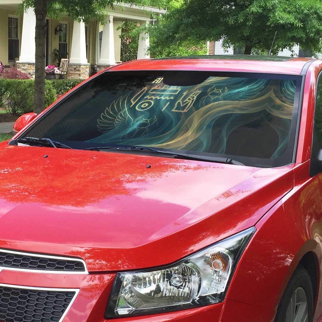 Amun Ancient Egyptian Auto Sun Shade with Mystical Smoke Swirl Pattern, Fiery Ram Head, and Hieroglyphic - African Pride
