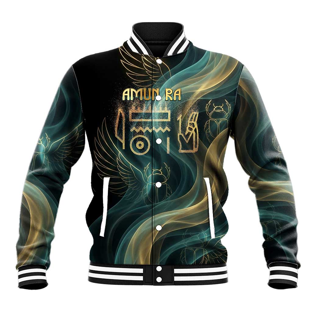 Amun Ancient Egyptian Baseball Jacket with Mystical Smoke Swirl Pattern, Fiery Ram Head, and Hieroglyphic - African Pride