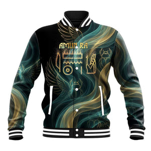 Amun Ancient Egyptian Baseball Jacket with Mystical Smoke Swirl Pattern, Fiery Ram Head, and Hieroglyphic - African Pride