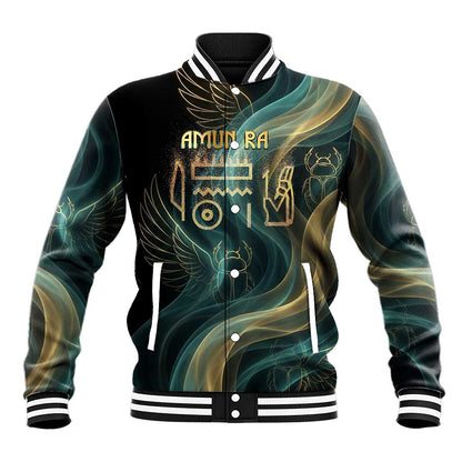 Amun Ancient Egyptian Baseball Jacket with Mystical Smoke Swirl Pattern, Fiery Ram Head, and Hieroglyphic - African Pride