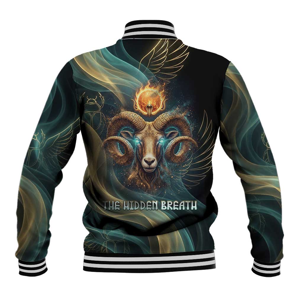 Amun Ancient Egyptian Baseball Jacket with Mystical Smoke Swirl Pattern, Fiery Ram Head, and Hieroglyphic - African Pride