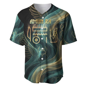 Amun Ancient Egyptian Baseball Jersey with Mystical Smoke Swirl Pattern, Fiery Ram Head, and Hieroglyphic - African Pride