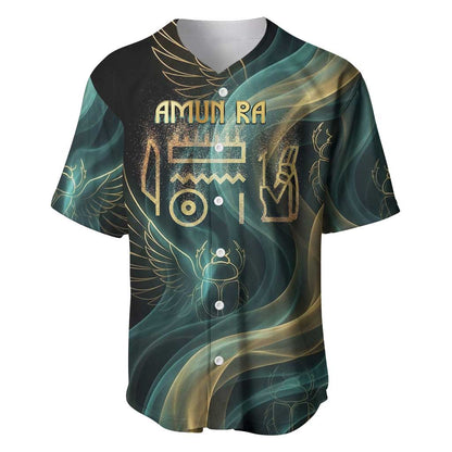 Amun Ancient Egyptian Baseball Jersey with Mystical Smoke Swirl Pattern, Fiery Ram Head, and Hieroglyphic - African Pride