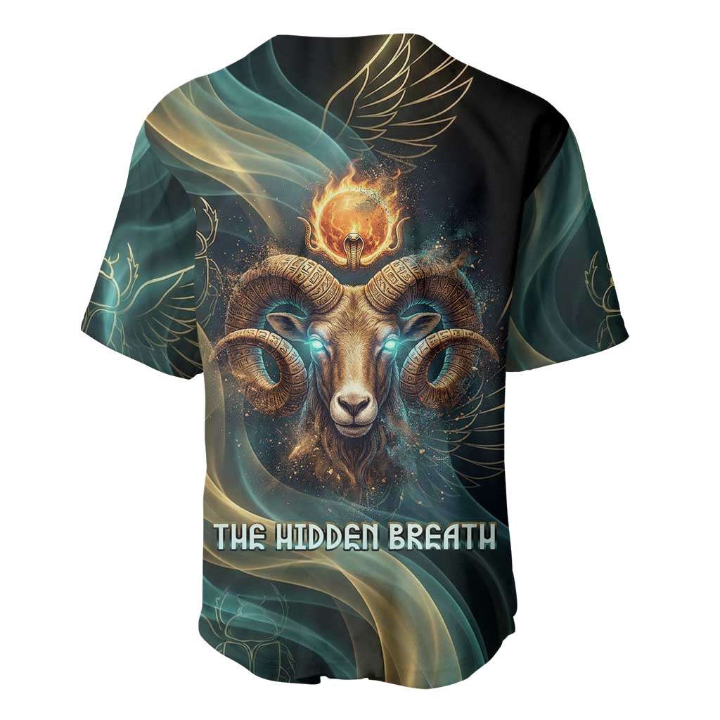 Amun Ancient Egyptian Baseball Jersey with Mystical Smoke Swirl Pattern, Fiery Ram Head, and Hieroglyphic - African Pride