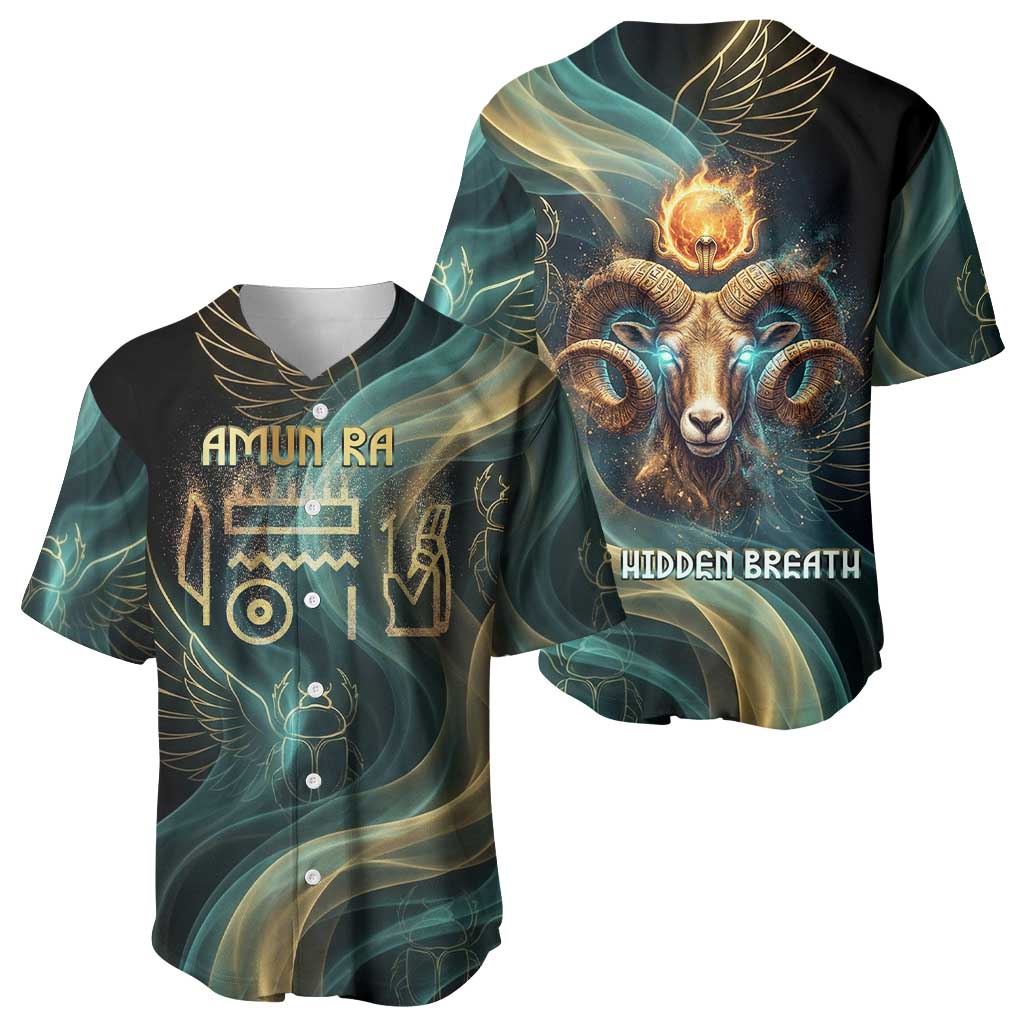 Amun Ancient Egyptian Baseball Jersey with Mystical Smoke Swirl Pattern, Fiery Ram Head, and Hieroglyphic - African Pride