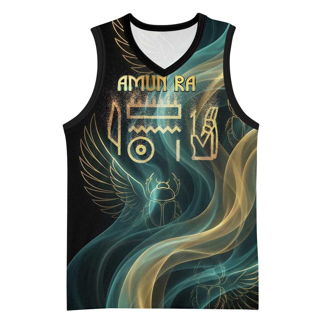 Amun Ancient Egyptian Basketball Jersey with Mystical Smoke Swirl Pattern, Fiery Ram Head, and Hieroglyphic - African Pride