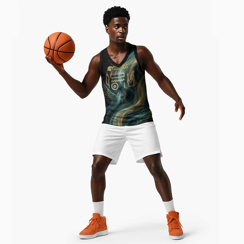 Amun Ancient Egyptian Basketball Jersey with Mystical Smoke Swirl Pattern, Fiery Ram Head, and Hieroglyphic - African Pride