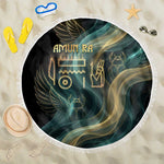 Amun Ancient Egyptian Beach Blanket with Mystical Smoke Swirl Pattern, Fiery Ram Head, and Hieroglyphic - African Pride