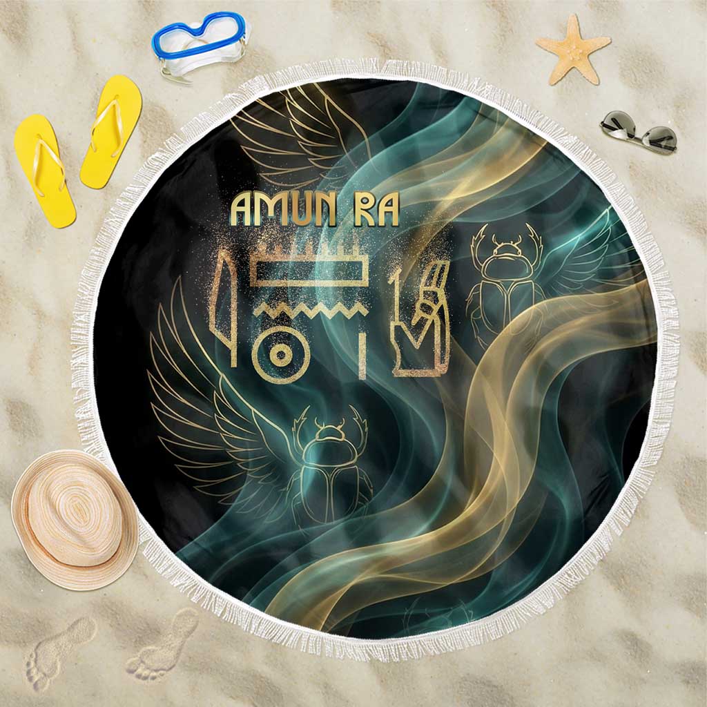 Amun Ancient Egyptian Beach Blanket with Mystical Smoke Swirl Pattern, Fiery Ram Head, and Hieroglyphic - African Pride