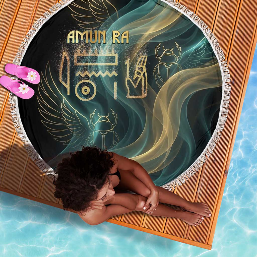 Amun Ancient Egyptian Beach Blanket with Mystical Smoke Swirl Pattern, Fiery Ram Head, and Hieroglyphic - African Pride