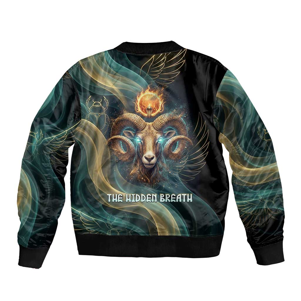 Amun Ancient Egyptian Bomber Jacket with Mystical Smoke Swirl Pattern, Fiery Ram Head, and Hieroglyphic - African Pride