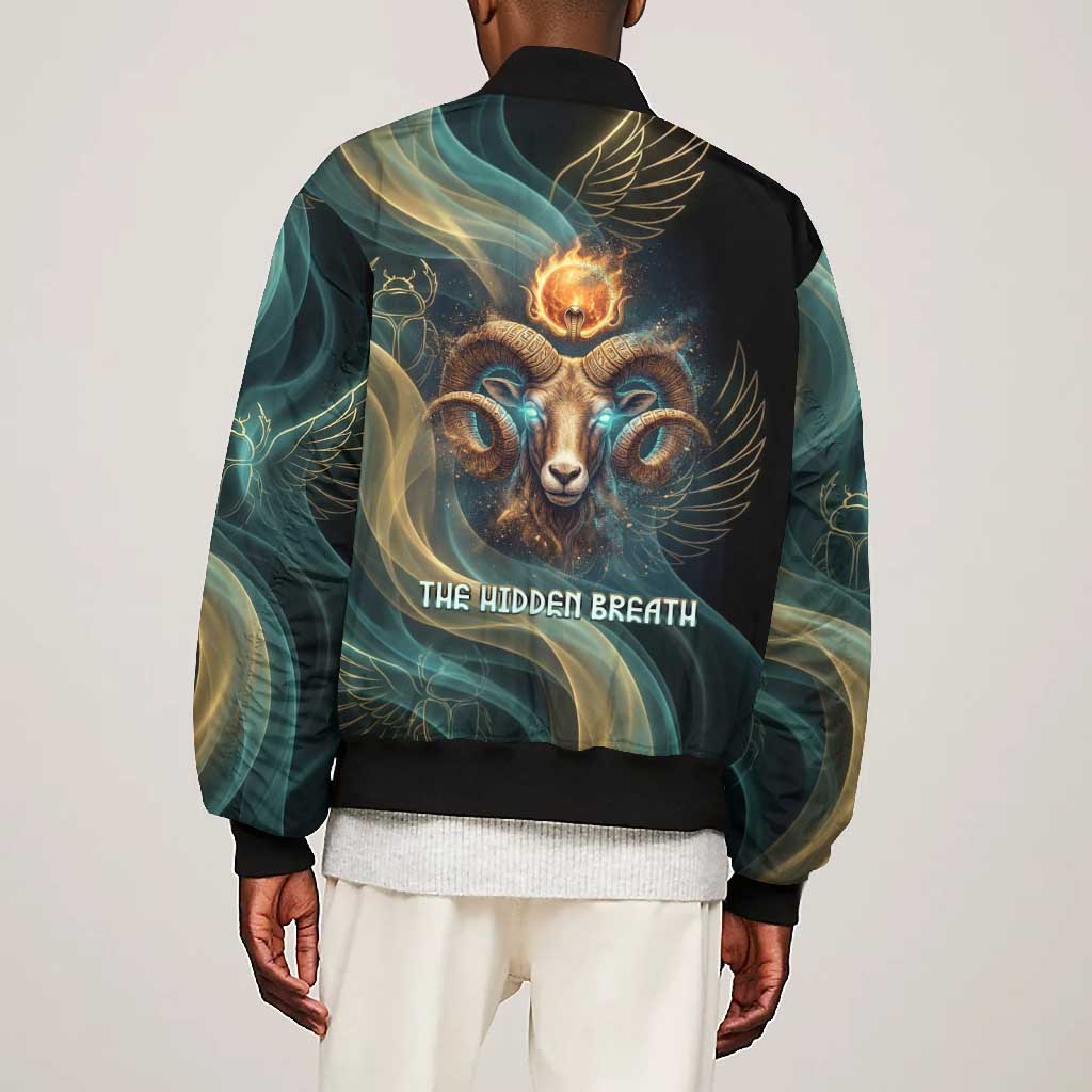 Amun Ancient Egyptian Bomber Jacket with Mystical Smoke Swirl Pattern, Fiery Ram Head, and Hieroglyphic - African Pride
