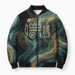 Amun Ancient Egyptian Bomber Puffer Jacket with Mystical Smoke Swirl Pattern, Fiery Ram Head, and Hieroglyphic - African Pride