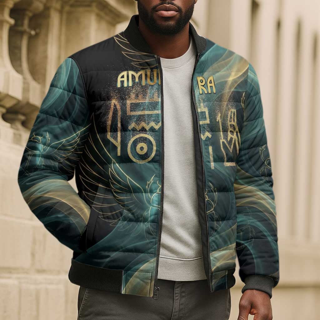 Amun Ancient Egyptian Bomber Puffer Jacket with Mystical Smoke Swirl Pattern, Fiery Ram Head, and Hieroglyphic - African Pride