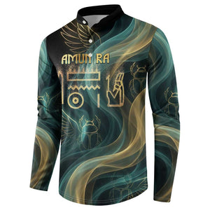 Amun Ancient Egyptian Button Sweatshirt with Mystical Smoke Swirl Pattern, Fiery Ram Head, and Hieroglyphic