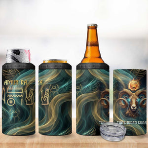 Amun Ancient Egyptian 4 in 1 Can Cooler Tumbler with Mystical Smoke Swirl Pattern, Fiery Ram Head, and Hieroglyphic - African Pride