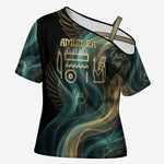 Amun Ancient Egyptian Cross Shoulder Shirt with Mystical Smoke Swirl Pattern, Fiery Ram Head, and Hieroglyphic - African Pride