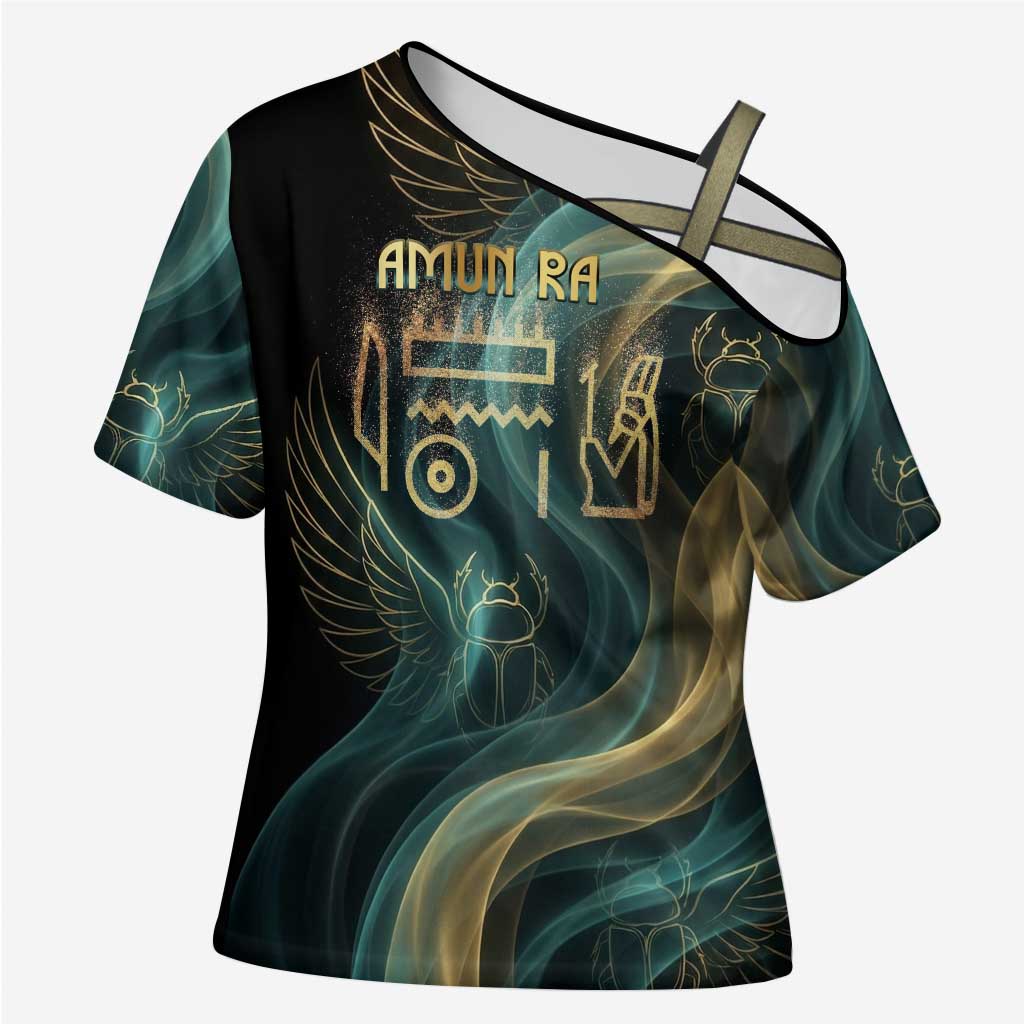 Amun Ancient Egyptian Cross Shoulder Shirt with Mystical Smoke Swirl Pattern, Fiery Ram Head, and Hieroglyphic - African Pride
