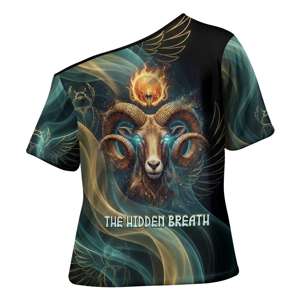 Amun Ancient Egyptian Cross Shoulder Shirt with Mystical Smoke Swirl Pattern, Fiery Ram Head, and Hieroglyphic - African Pride