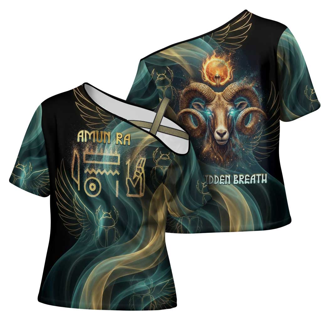 Amun Ancient Egyptian Cross Shoulder Shirt with Mystical Smoke Swirl Pattern, Fiery Ram Head, and Hieroglyphic - African Pride