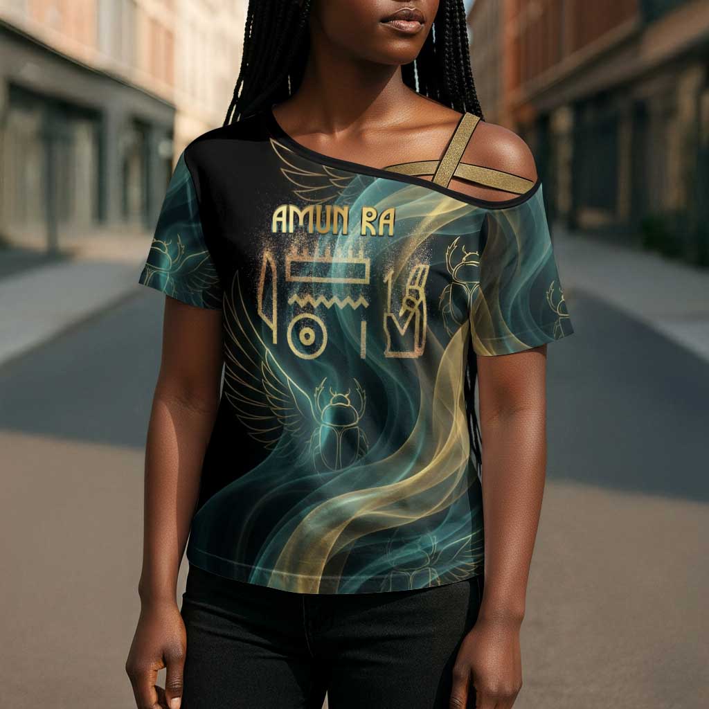 Amun Ancient Egyptian Cross Shoulder Shirt with Mystical Smoke Swirl Pattern, Fiery Ram Head, and Hieroglyphic - African Pride
