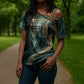 Amun Ancient Egyptian Cross Shoulder Shirt with Mystical Smoke Swirl Pattern, Fiery Ram Head, and Hieroglyphic - African Pride
