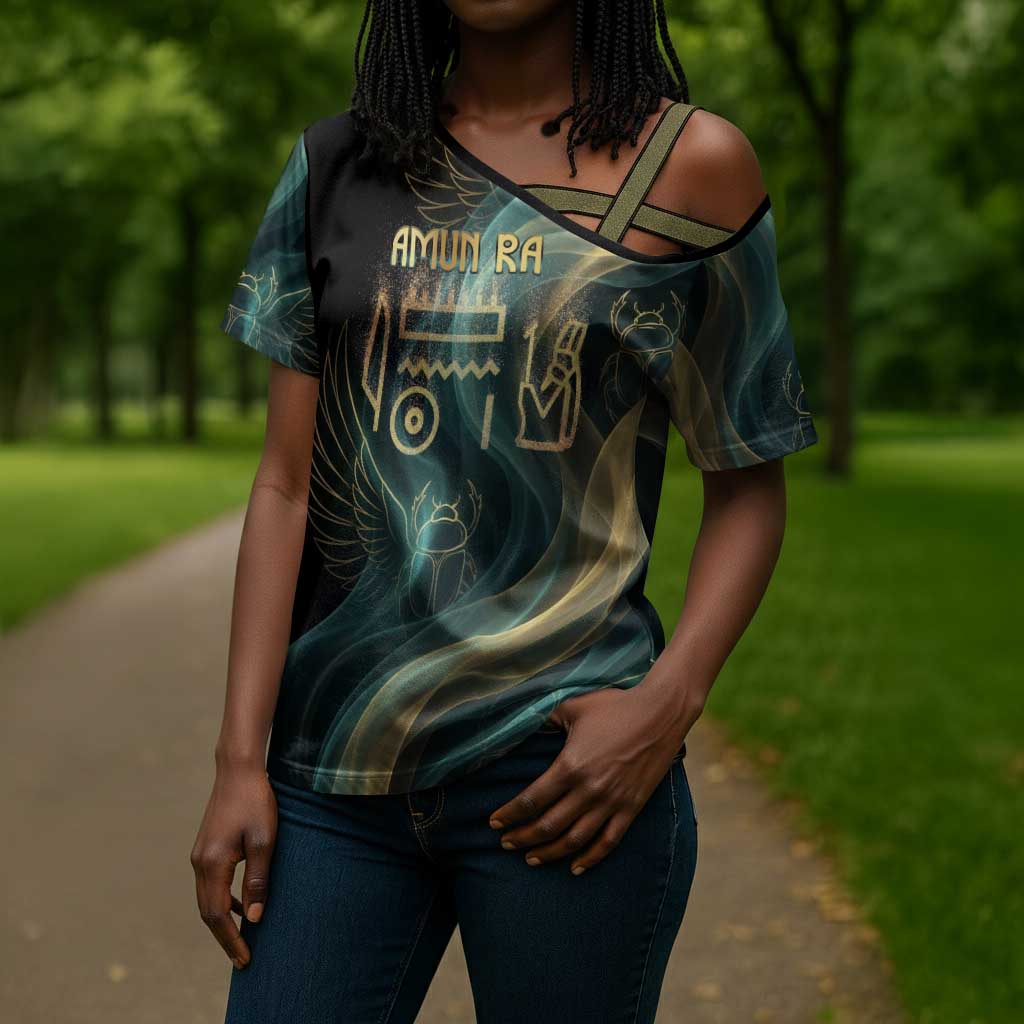 Amun Ancient Egyptian Cross Shoulder Shirt with Mystical Smoke Swirl Pattern, Fiery Ram Head, and Hieroglyphic - African Pride