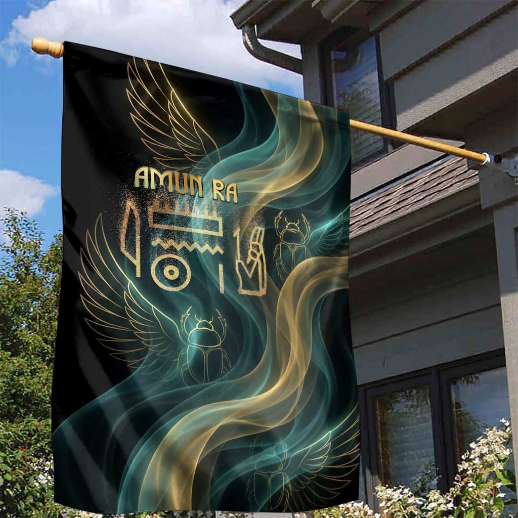 Amun Ancient Egyptian Garden Flag with Mystical Smoke Swirl Pattern, Fiery Ram Head, and Hieroglyphic - African Pride
