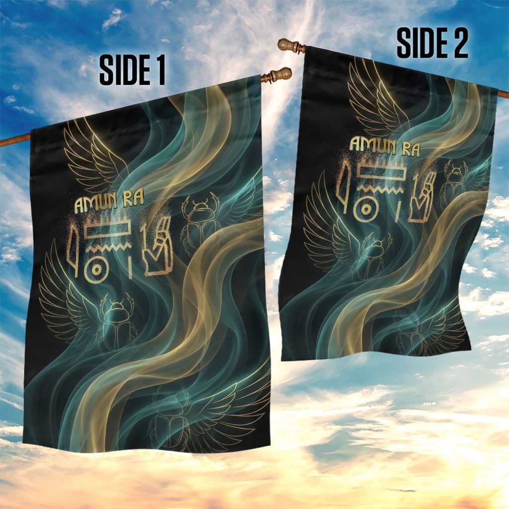 Amun Ancient Egyptian Garden Flag with Mystical Smoke Swirl Pattern, Fiery Ram Head, and Hieroglyphic - African Pride